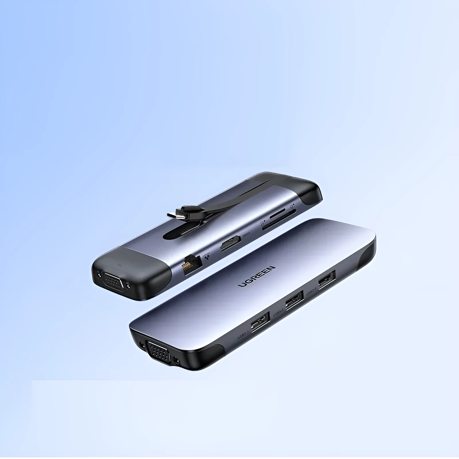 USB-C docking station hub with short cable showing HDMI, USB 3.0, PD charging, VGA, and Ethernet ports.