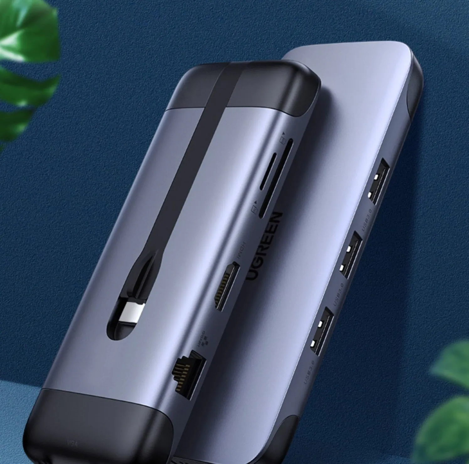 USB-C docking station hub with short cable showing HDMI, USB 3.0, PD charging, VGA, and Ethernet ports.