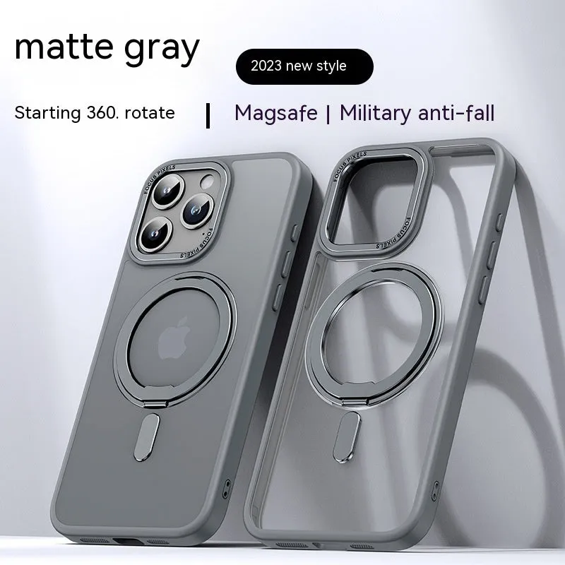 Transparent magnetic shockproof phone case for iPhone on a metallic surface.