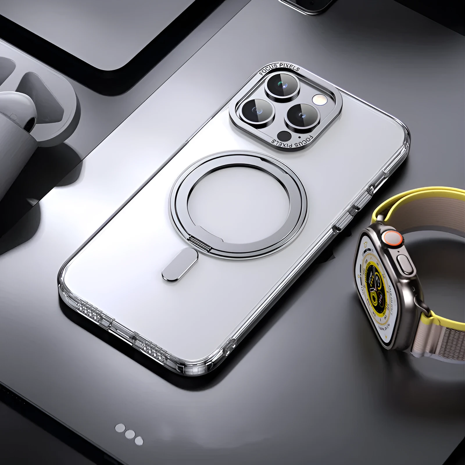 Transparent magnetic shockproof phone case for iPhone on a metallic surface.