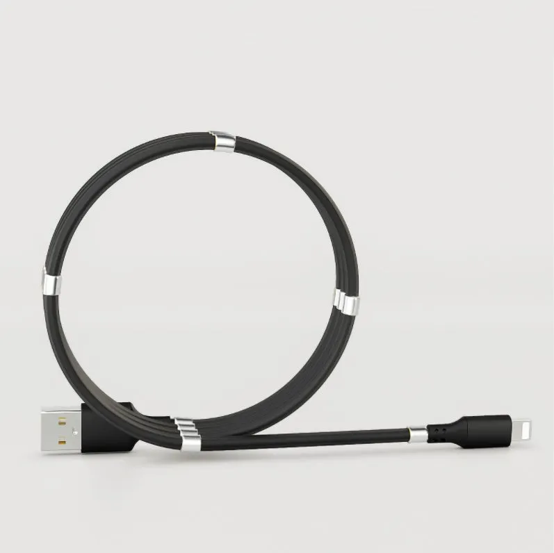 Black magnetic charging cable with Apple, Android, and Type-C compatibility showing aluminium alloy joints