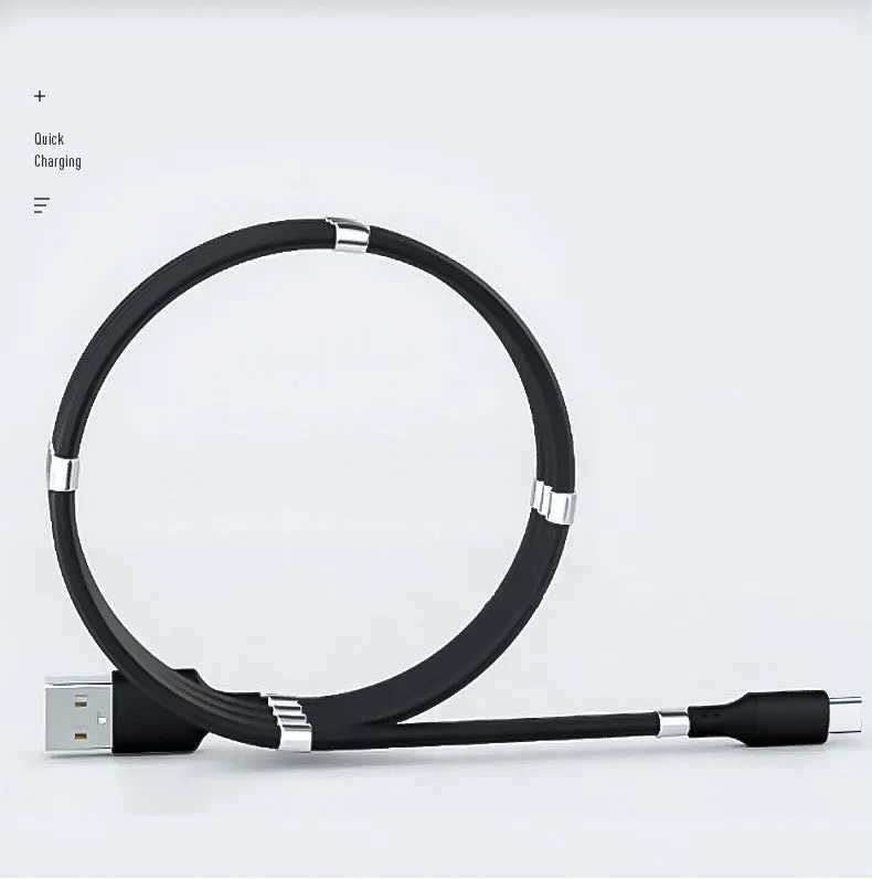Black magnetic charging cable with Apple, Android, and Type-C compatibility showing aluminium alloy joints