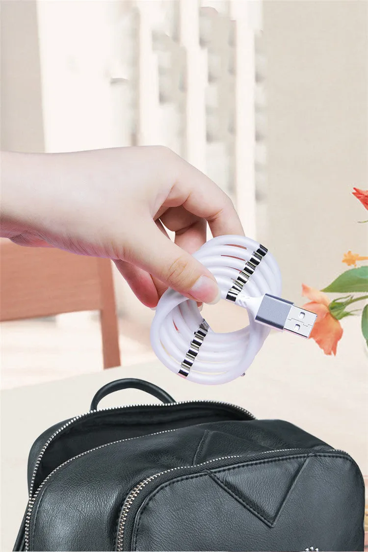 Black magnetic charging cable with Apple, Android, and Type-C compatibility showing aluminium alloy joints
