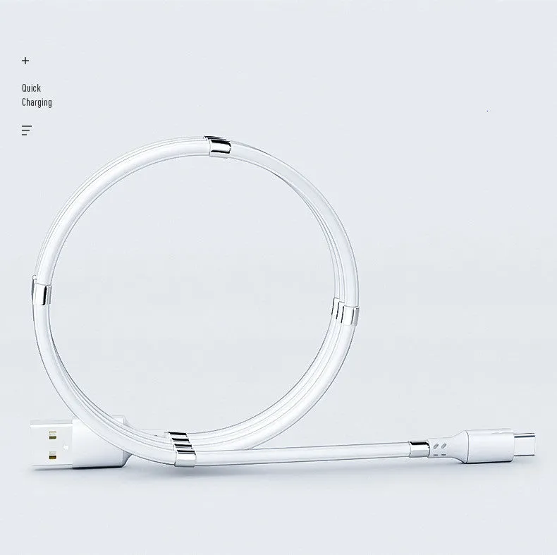 Black magnetic charging cable with Apple, Android, and Type-C compatibility showing aluminium alloy joints