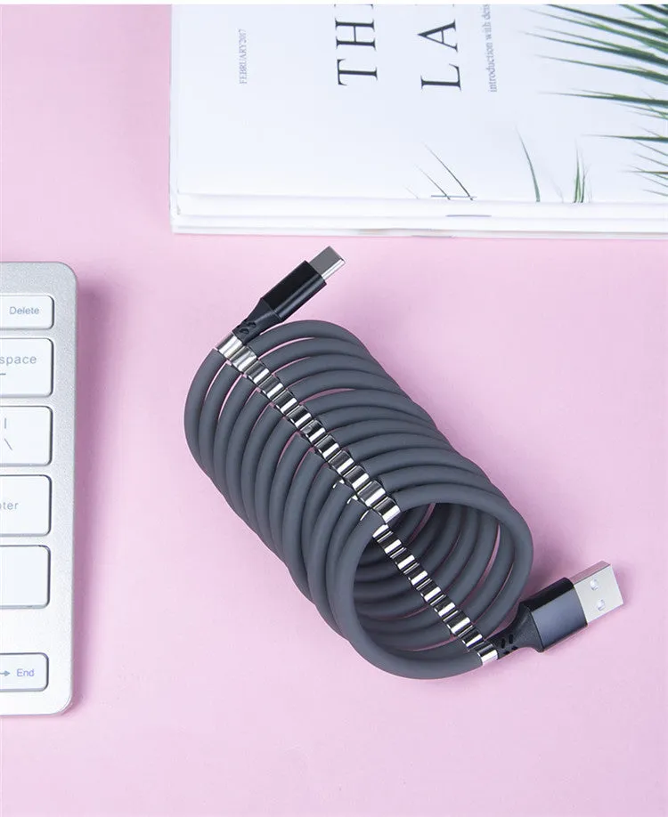 Black magnetic charging cable with Apple, Android, and Type-C compatibility showing aluminium alloy joints