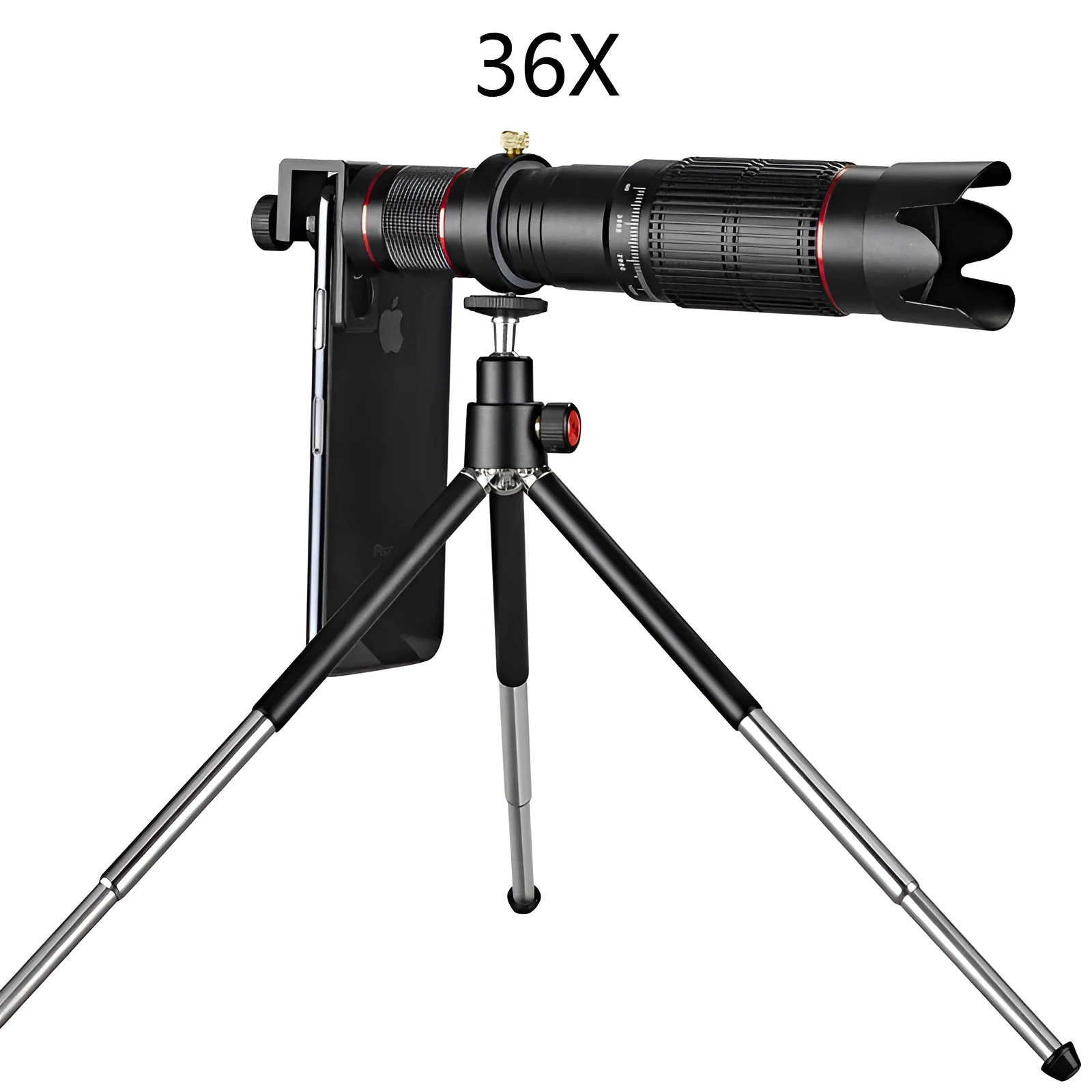 Black 36x telephoto mobile phone telescope shown folded to 22.5cm length, compatible with smartphones.