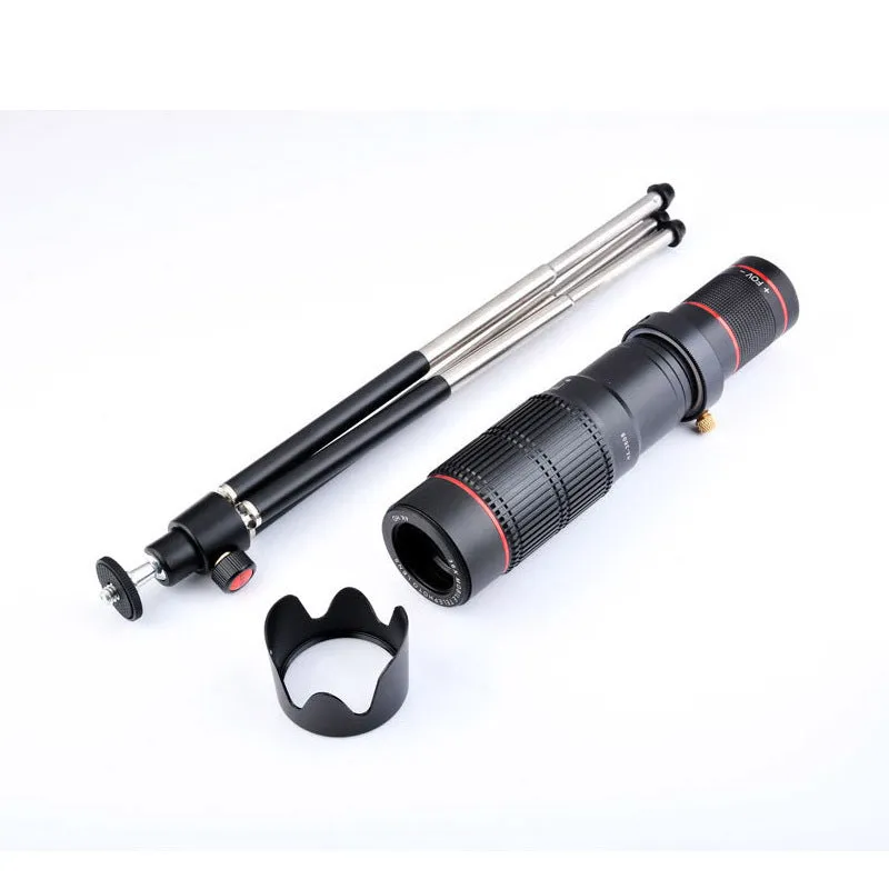 Black 36x telephoto mobile phone telescope shown folded to 22.5cm length, compatible with smartphones.