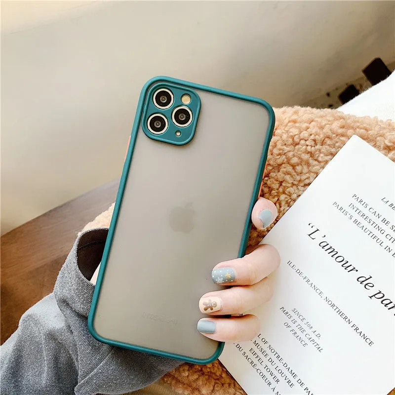 Transparent solid colour silicone shockproof protective case for iPhone on a dark background.