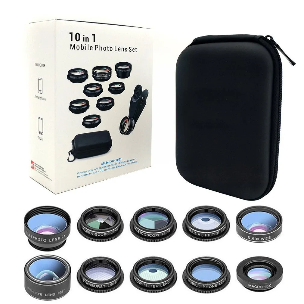 Black ten-in-one mobile phone fisheye and macro external lens kit with aluminium-magnesium alloy housing