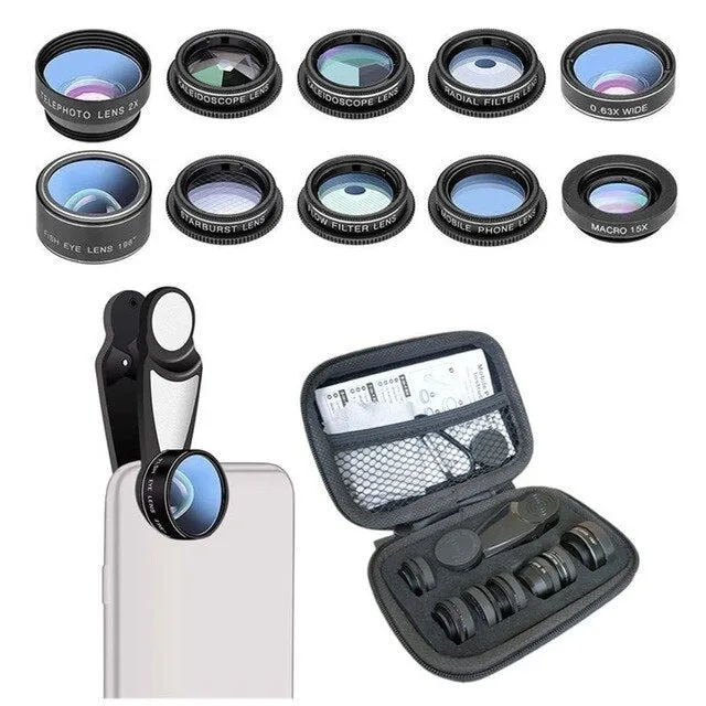 Black ten-in-one mobile phone fisheye and macro external lens kit with aluminium-magnesium alloy housing