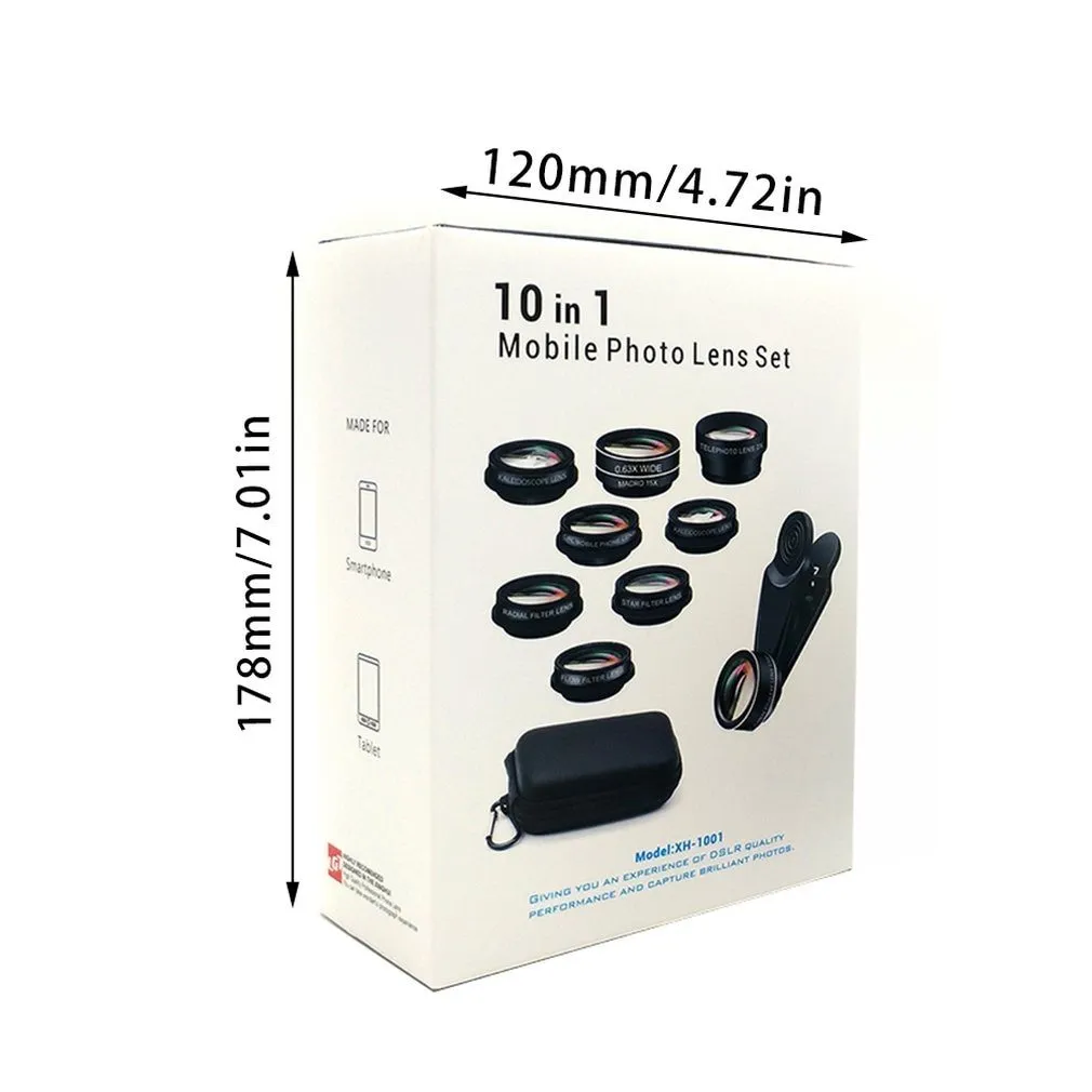 Black ten-in-one mobile phone fisheye and macro external lens kit with aluminium-magnesium alloy housing