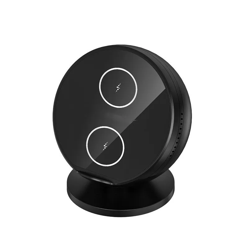 Multifunctional black mobile phone wireless charging dock with integrated Bluetooth speaker.