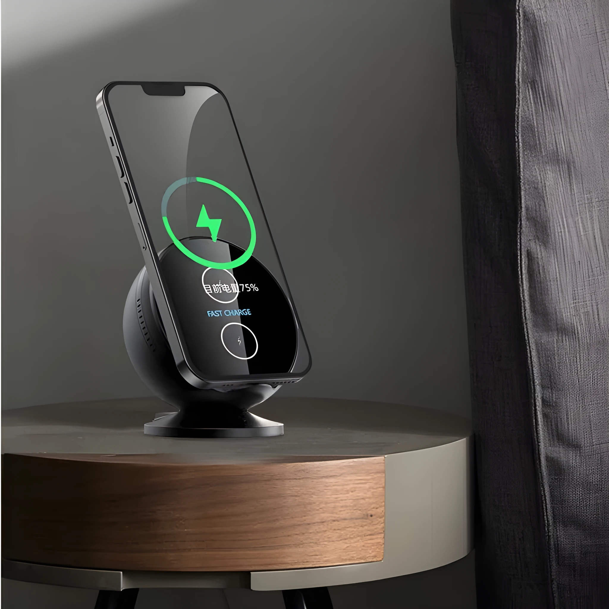 Multifunctional black mobile phone wireless charging dock with integrated Bluetooth speaker.