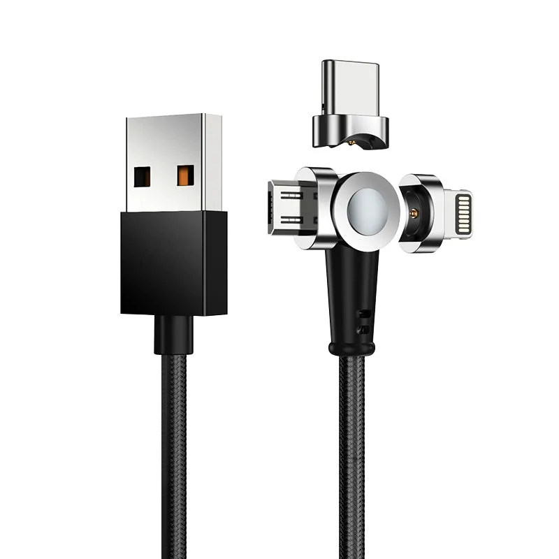 Black magnetic three-in-one charging cable with LED light for Android, iPhone, and Type-C phones