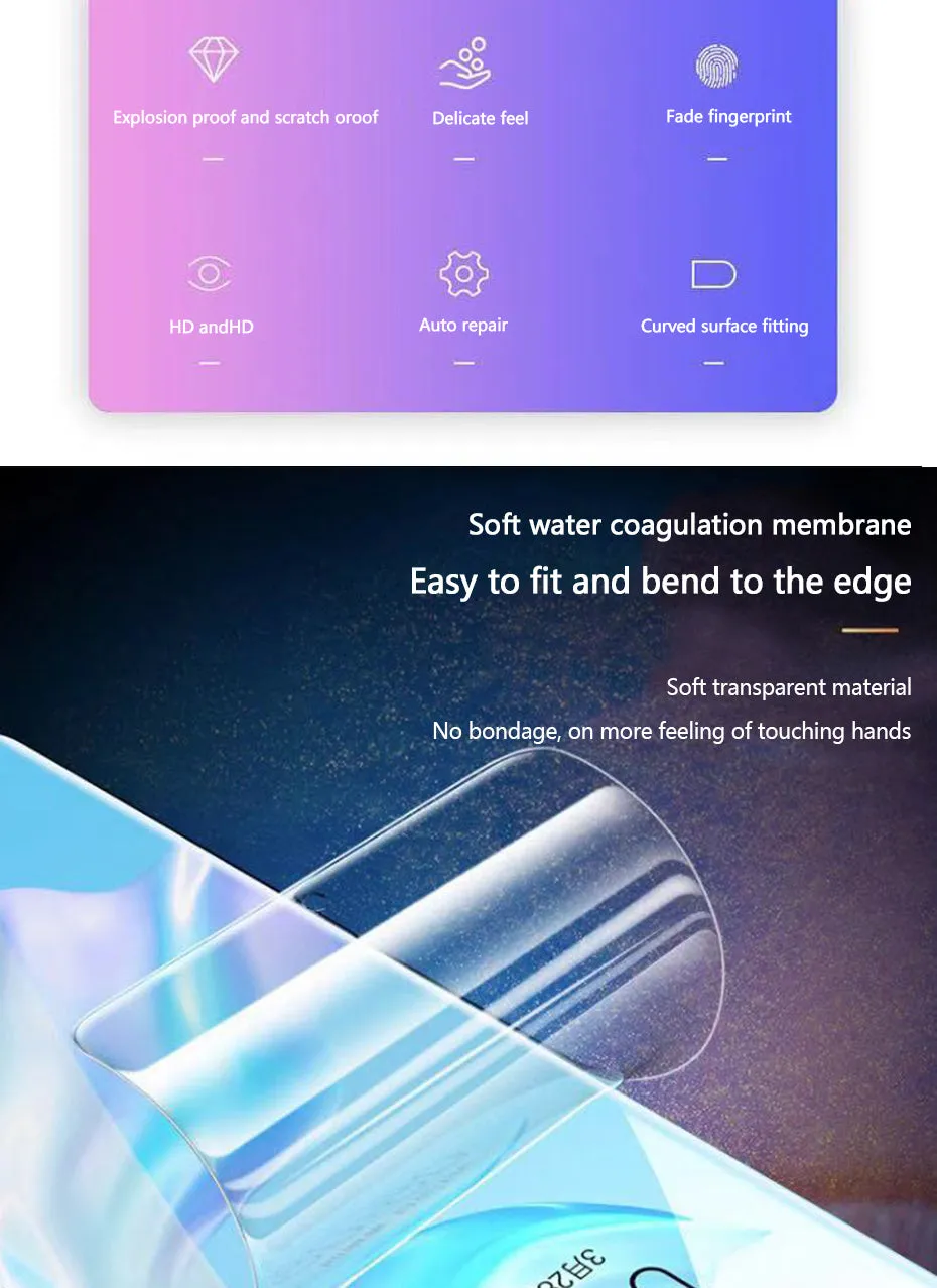 Three clear hydrogel screen protector films for Huawei and Honor phones on a white background.