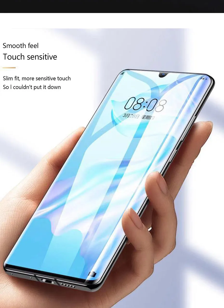 Three clear hydrogel screen protector films for Huawei and Honor phones on a white background.