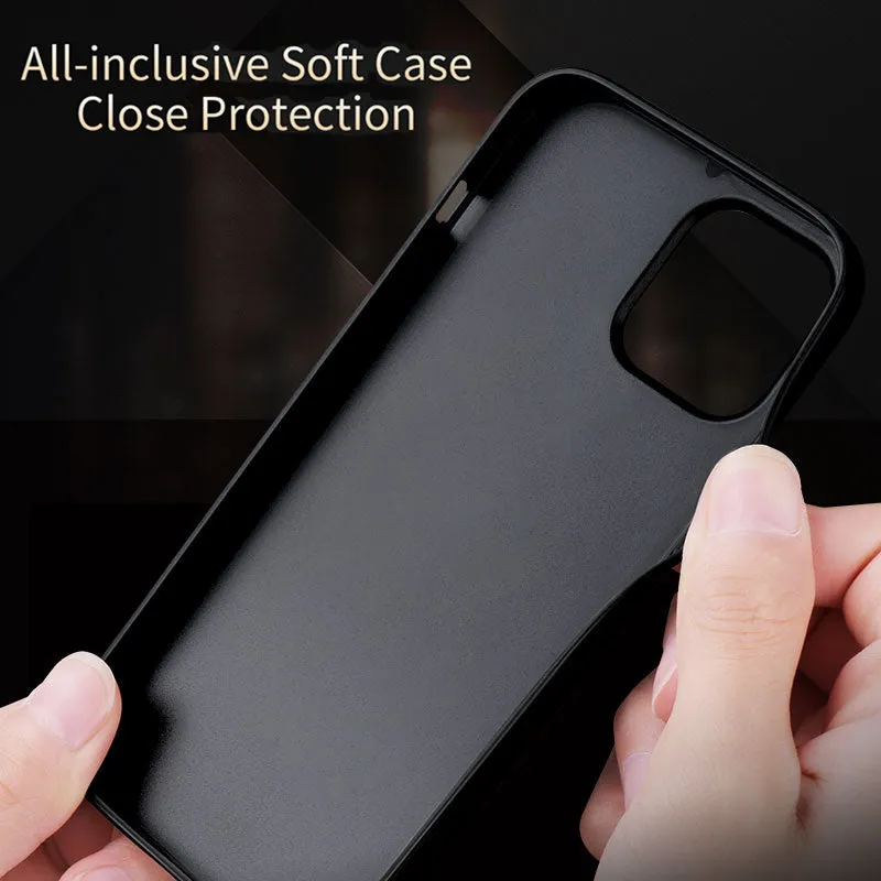 Black business leather phone case for iPhone 12 with PU leather and TPU frame on a wooden desk.