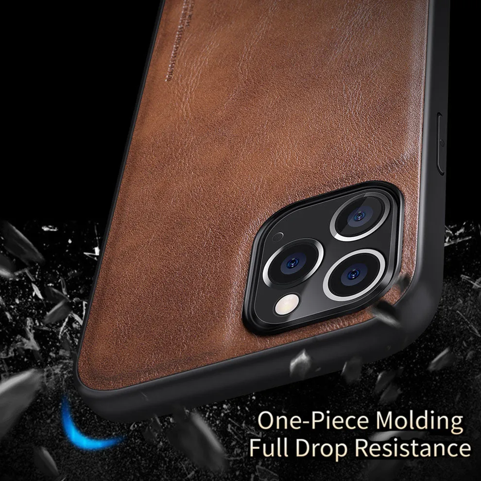 Black business leather phone case for iPhone 12 with PU leather and TPU frame on a wooden desk.