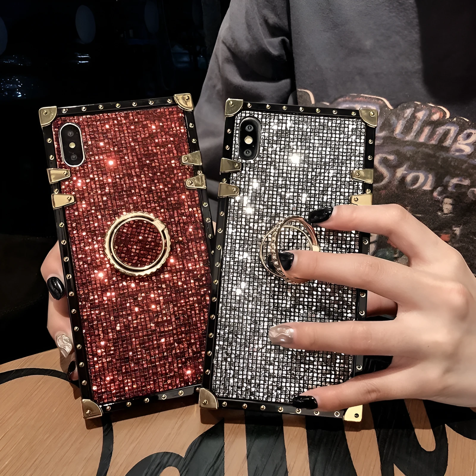 TPU mobile phone case with flash diamond bracket in golden, grey, red, or silver colour