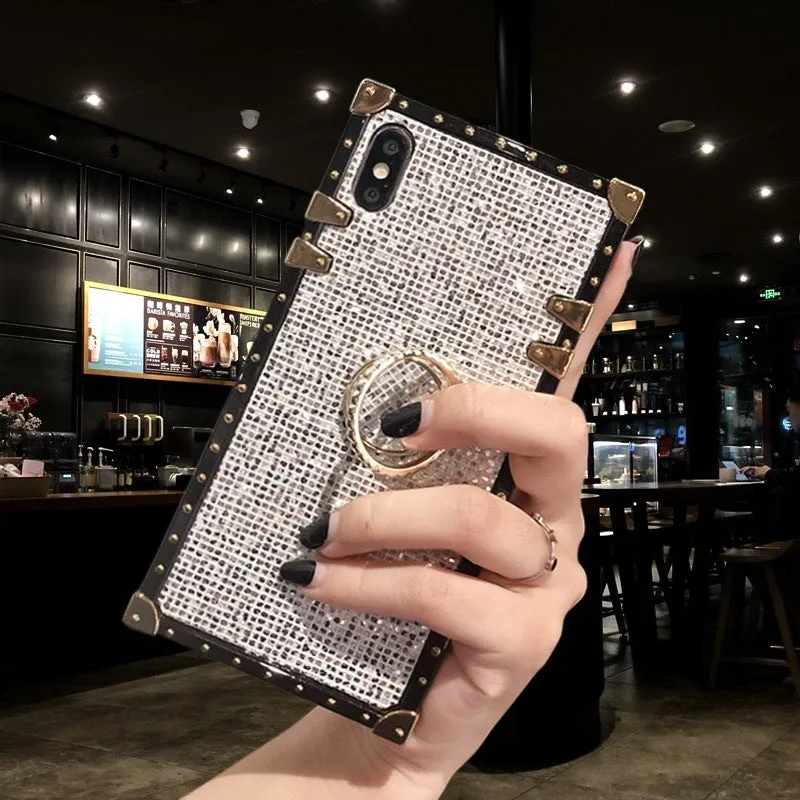 TPU mobile phone case with flash diamond bracket in golden, grey, red, or silver colour