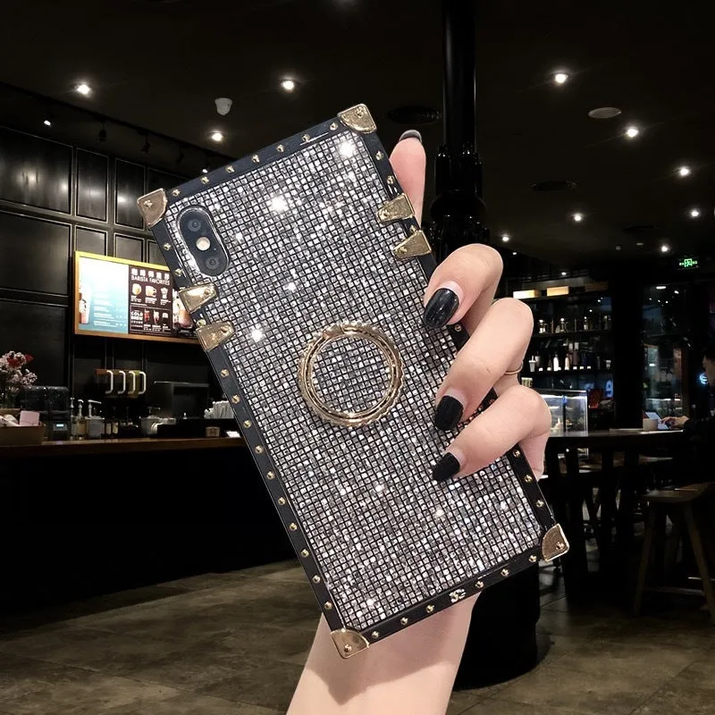 TPU mobile phone case with flash diamond bracket in golden, grey, red, or silver colour