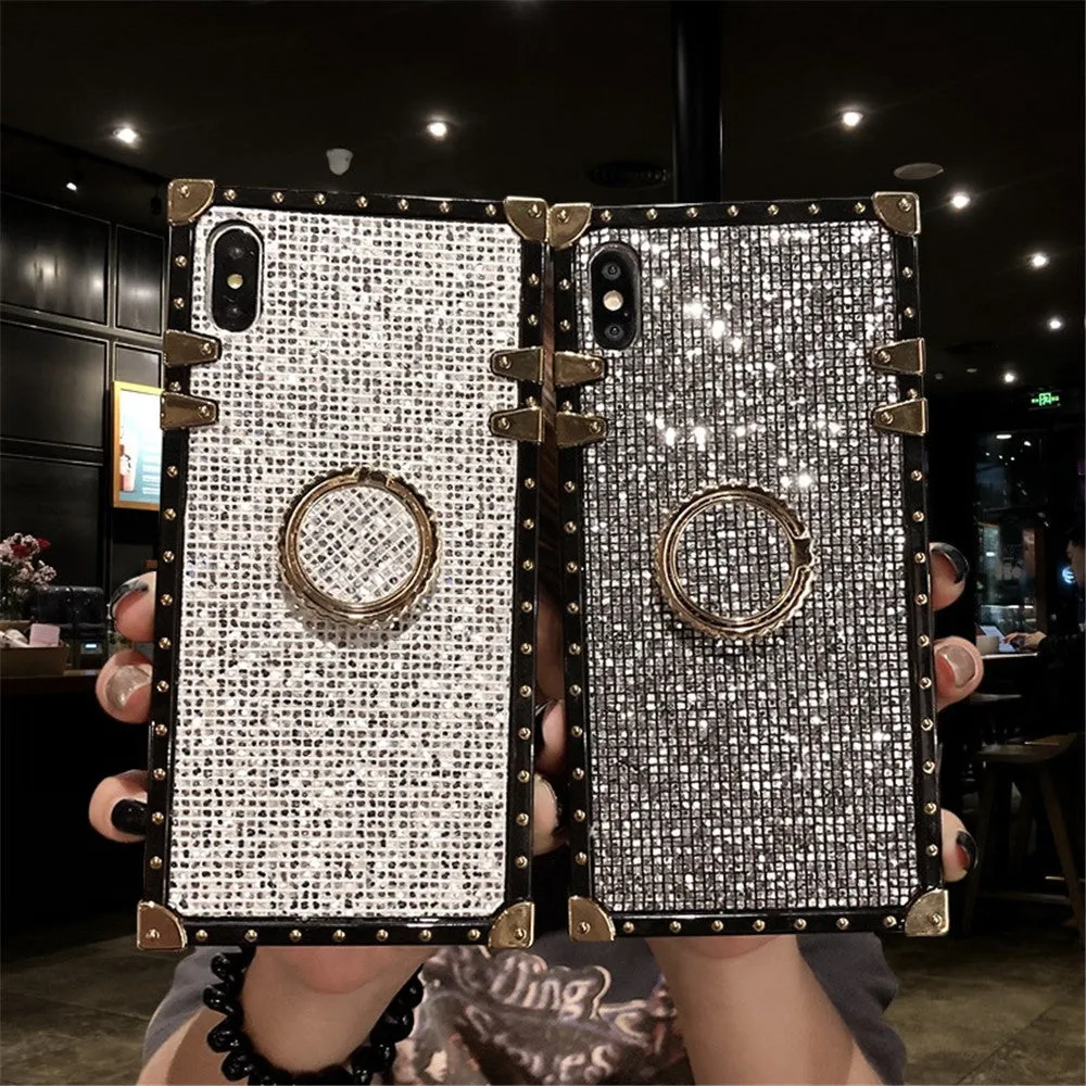 TPU mobile phone case with flash diamond bracket in golden, grey, red, or silver colour