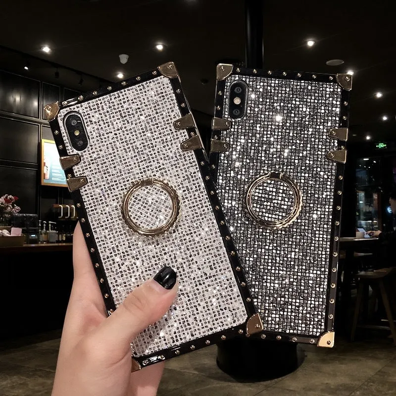 TPU mobile phone case with flash diamond bracket in golden, grey, red, or silver colour