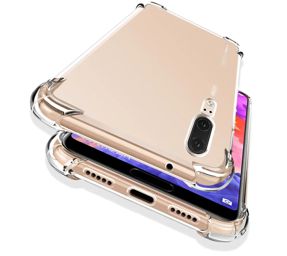 Clear transparent phone case for Huawei and Honor smartphones showing airbag protection design