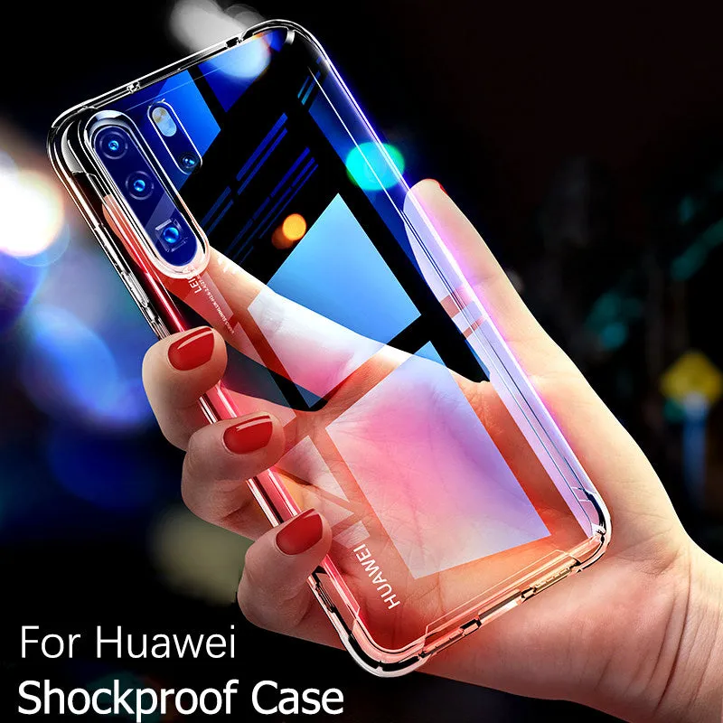 Clear transparent phone case for Huawei and Honor smartphones showing airbag protection design