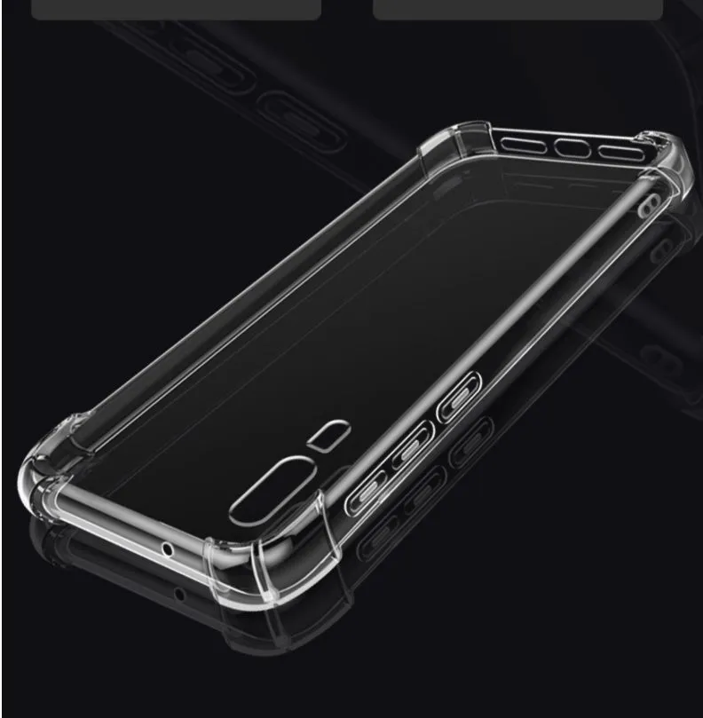 Clear transparent phone case for Huawei and Honor smartphones showing airbag protection design