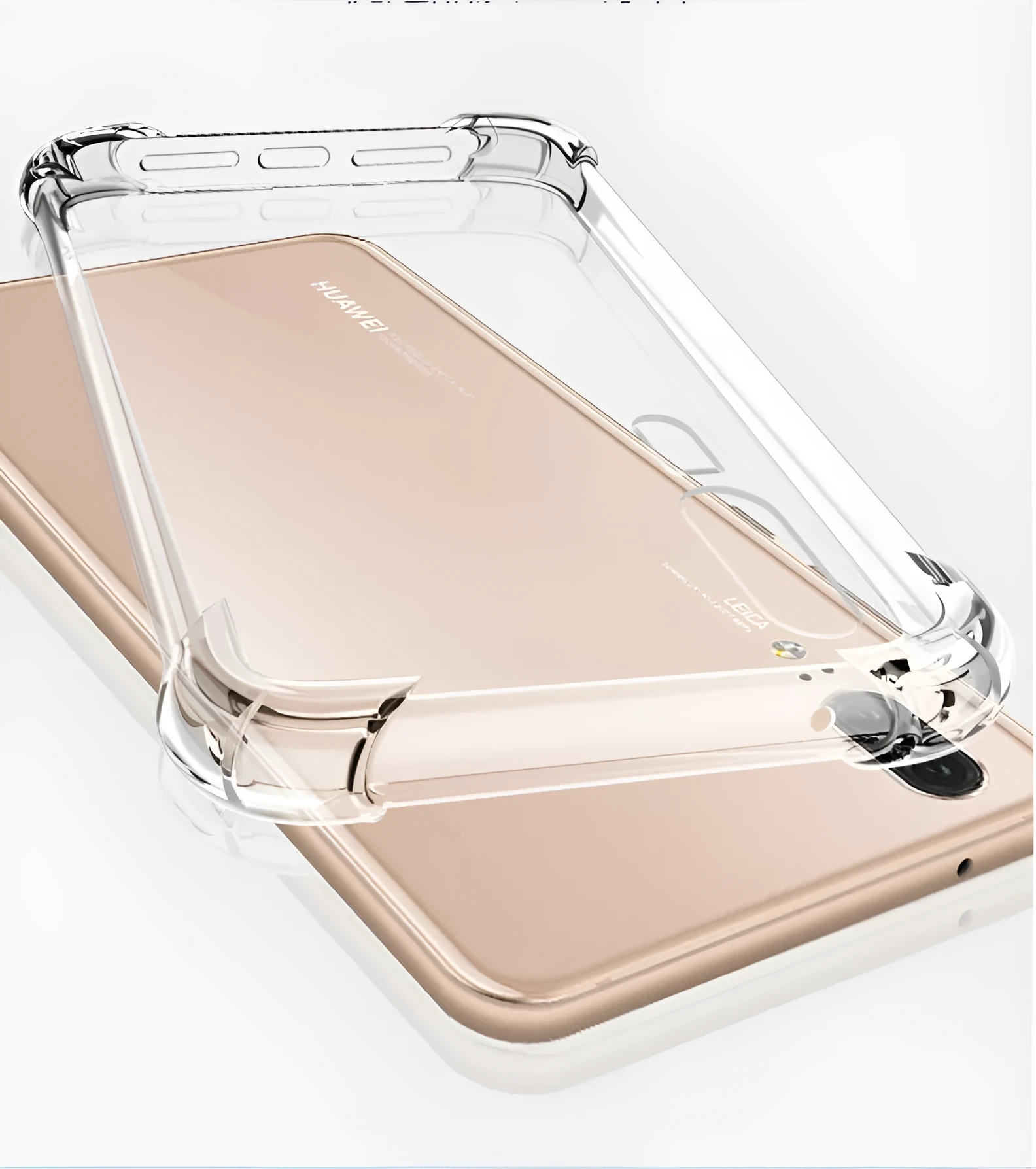 Clear transparent phone case for Huawei and Honor smartphones showing airbag protection design