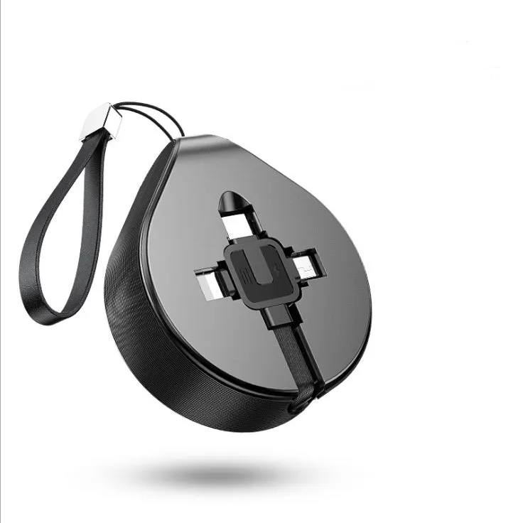 Black telescopic three-in-one fast charging data cable extended to 1 metre with split connector