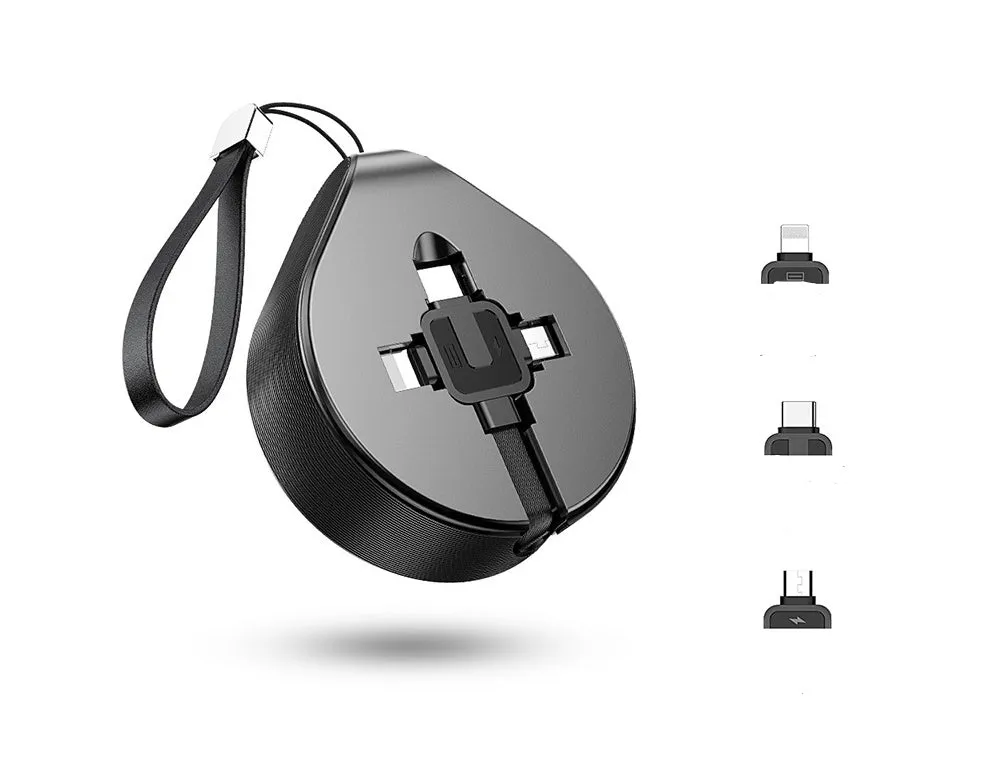 Black telescopic three-in-one fast charging data cable extended to 1 metre with split connector