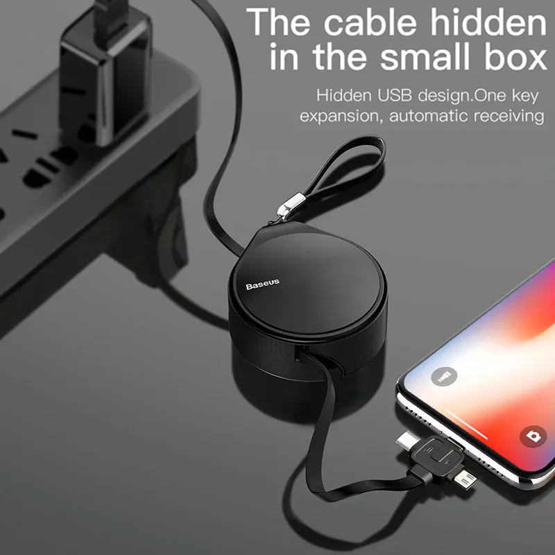 Black telescopic three-in-one fast charging data cable extended to 1 metre with split connector