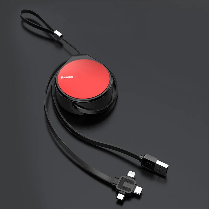 Black telescopic three-in-one fast charging data cable extended to 1 metre with split connector