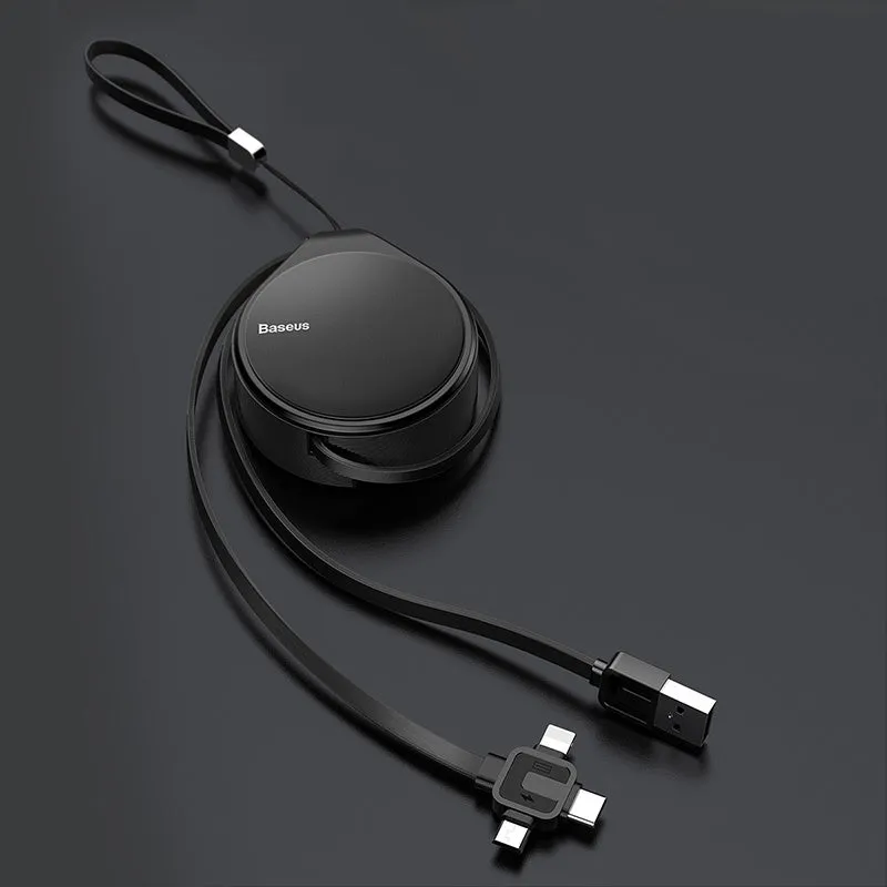 Black telescopic three-in-one fast charging data cable extended to 1 metre with split connector