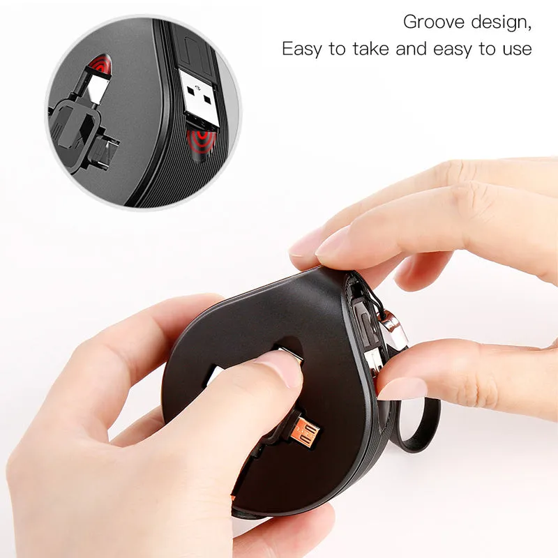 Black telescopic three-in-one fast charging data cable extended to 1 metre with split connector