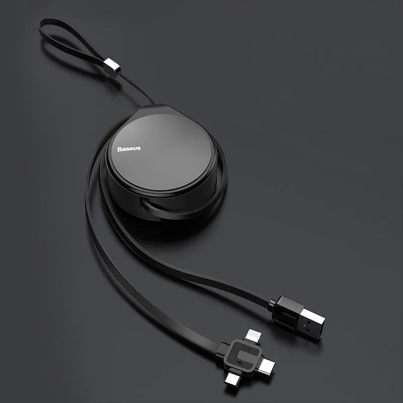 Black telescopic three-in-one fast charging data cable extended to 1 metre with split connector
