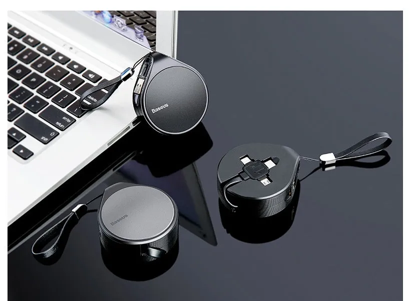 Black telescopic three-in-one fast charging data cable extended to 1 metre with split connector