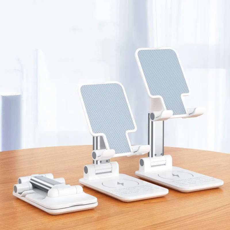 Cool black desktop phone stand with integrated wireless charging pad on an electroplated metal rod.