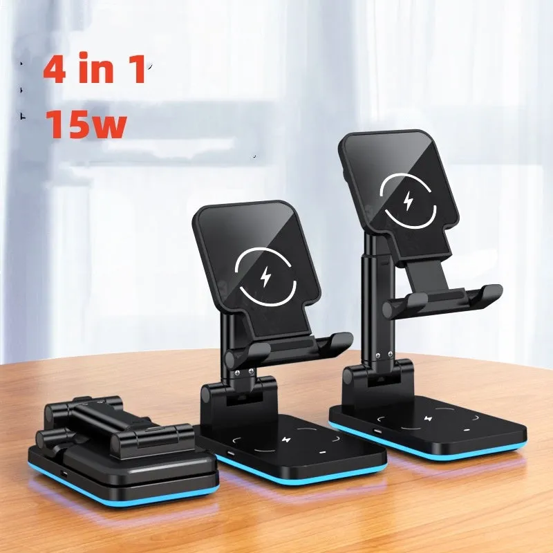 Cool black desktop phone stand with integrated wireless charging pad on an electroplated metal rod.