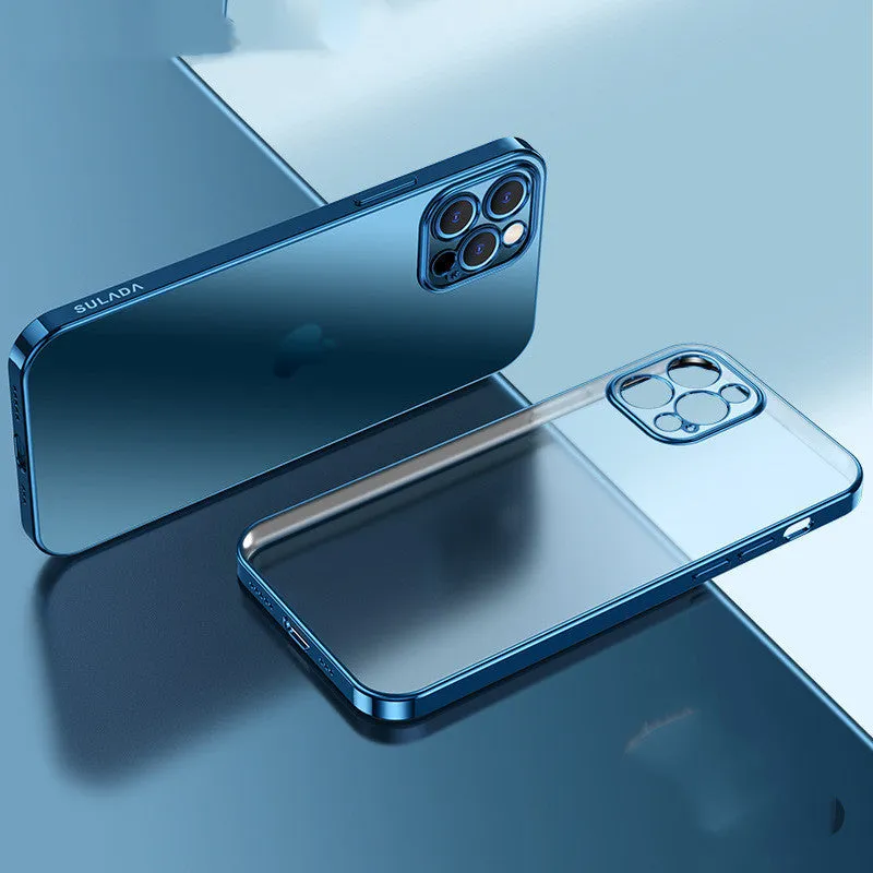 Transparent square frame silicone iPhone case showing phone colour through clear TPU material