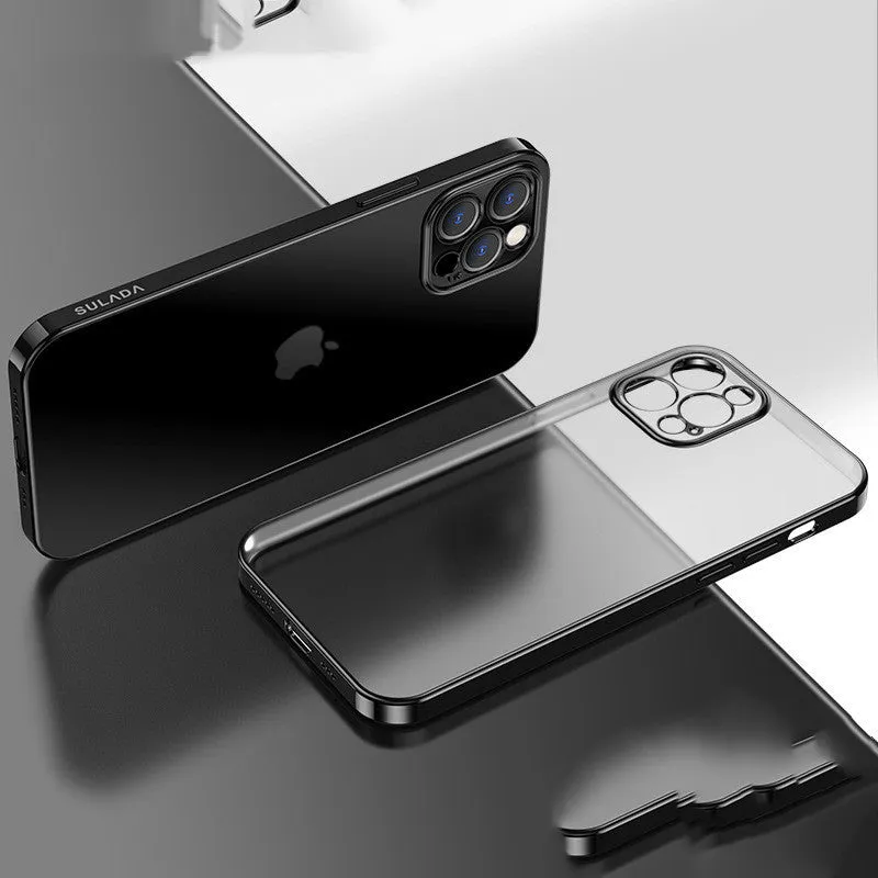 Transparent square frame silicone iPhone case showing phone colour through clear TPU material