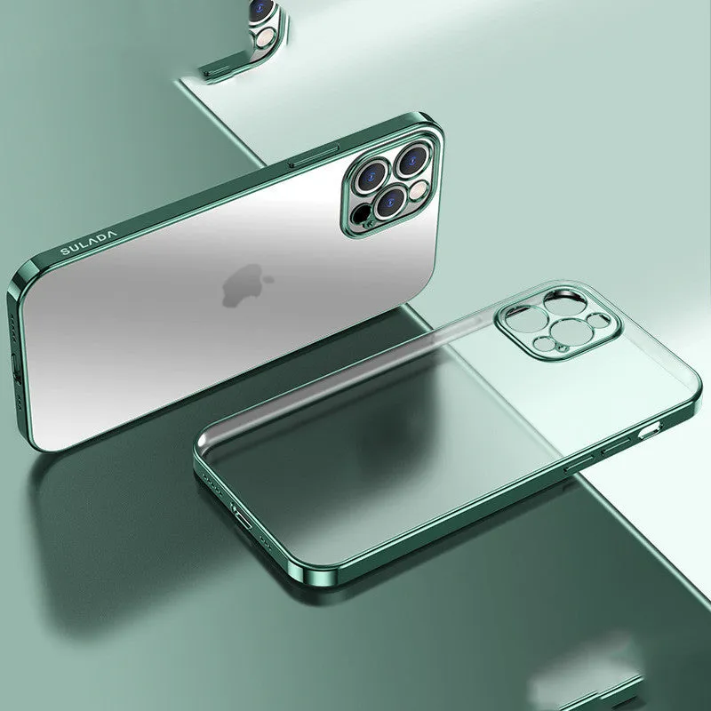 Transparent square frame silicone iPhone case showing phone colour through clear TPU material