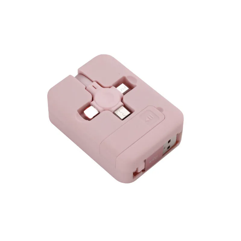 Macaron retractable three-in-one charging cable with Lightning, Micro USB and USB-C connectors in assorted colours
