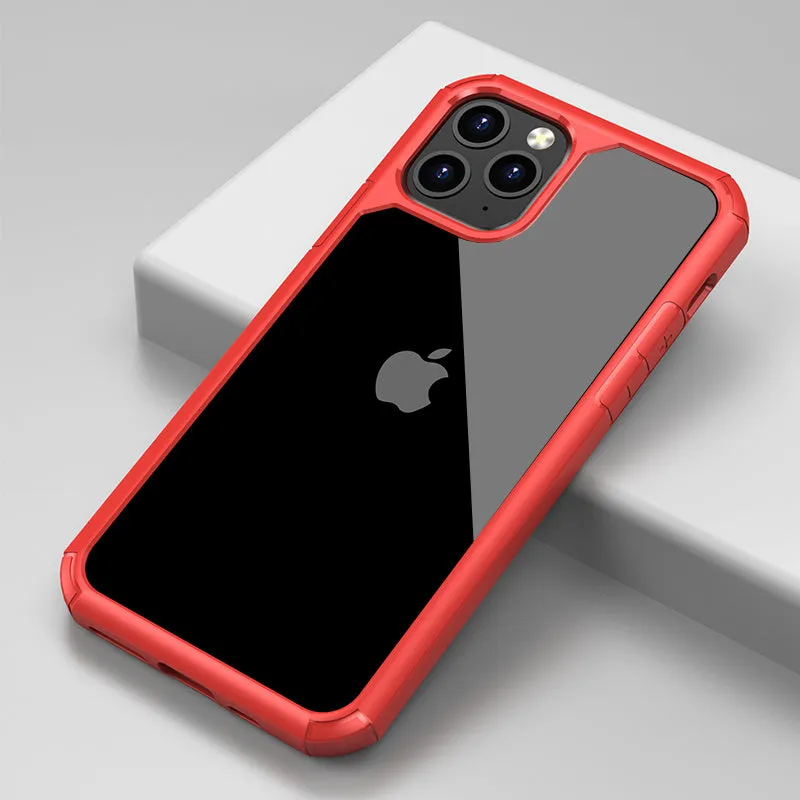 Transparent dual-material phone case set in red, green, and black for iPhone and Galaxy S20.