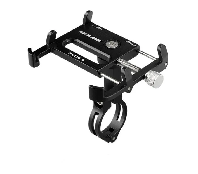 Black aluminium motorcycle phone holder mounted on handlebars, showing adjustable clamp and rotating joint.
