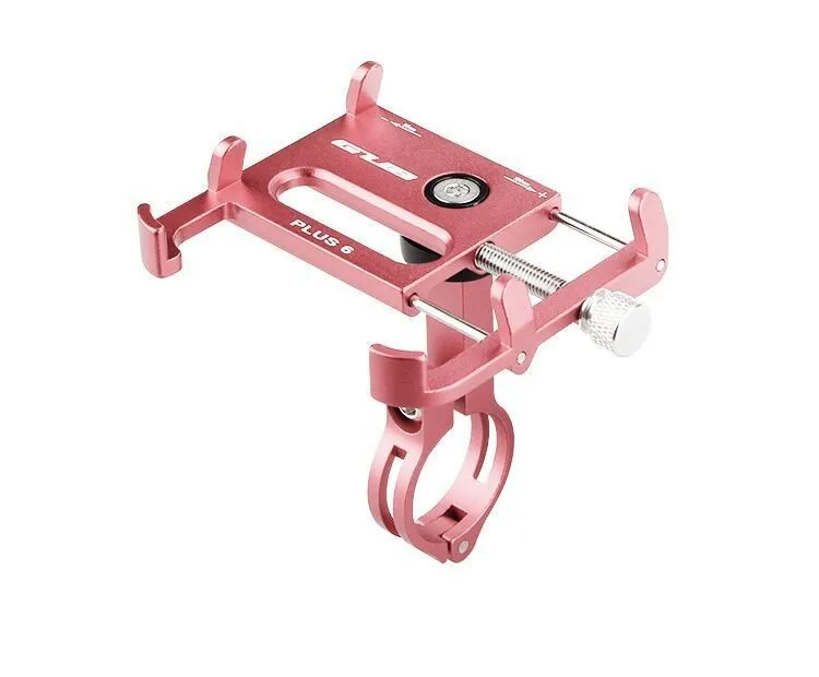 Black aluminium motorcycle phone holder mounted on handlebars, showing adjustable clamp and rotating joint.