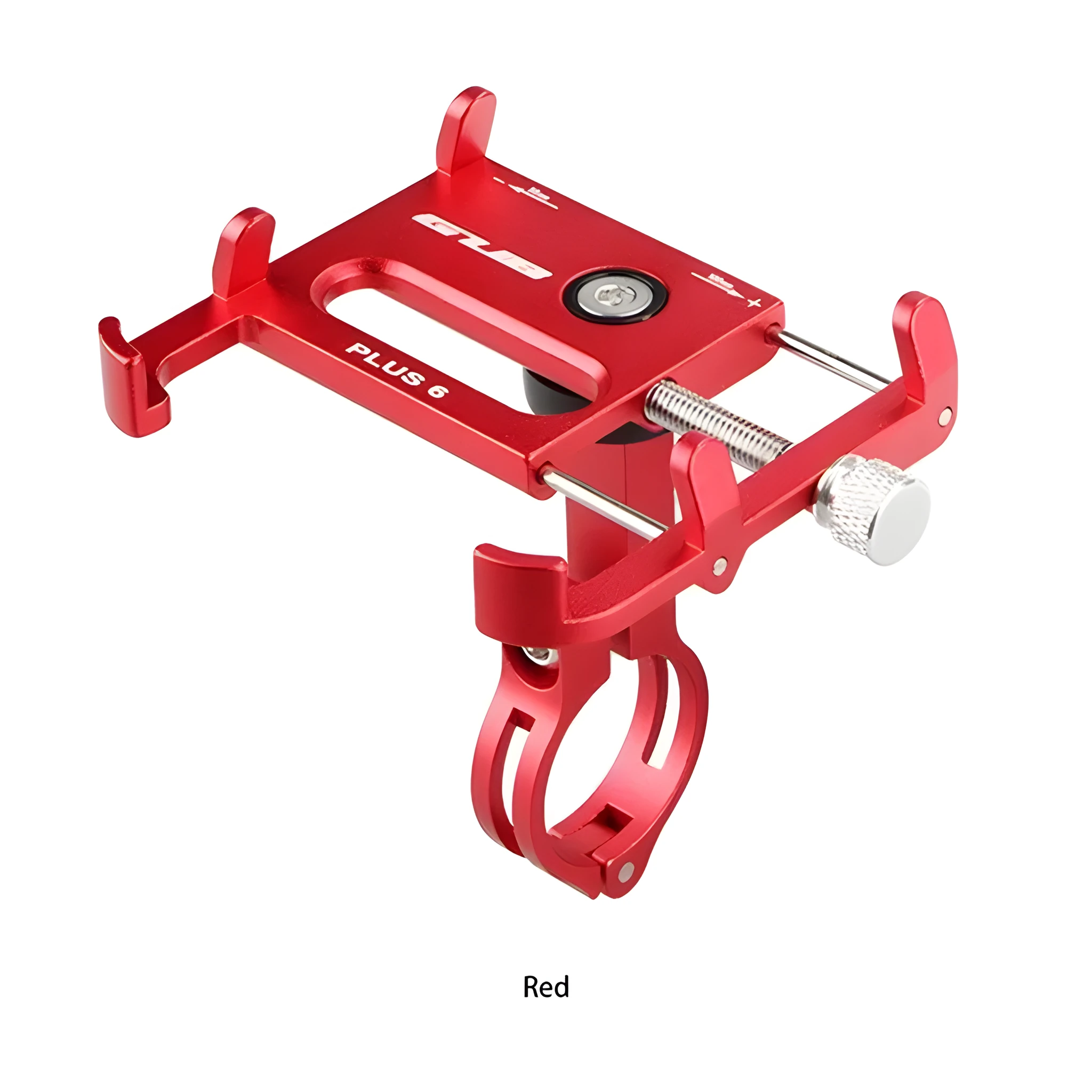 Black aluminium motorcycle phone holder mounted on handlebars, showing adjustable clamp and rotating joint.