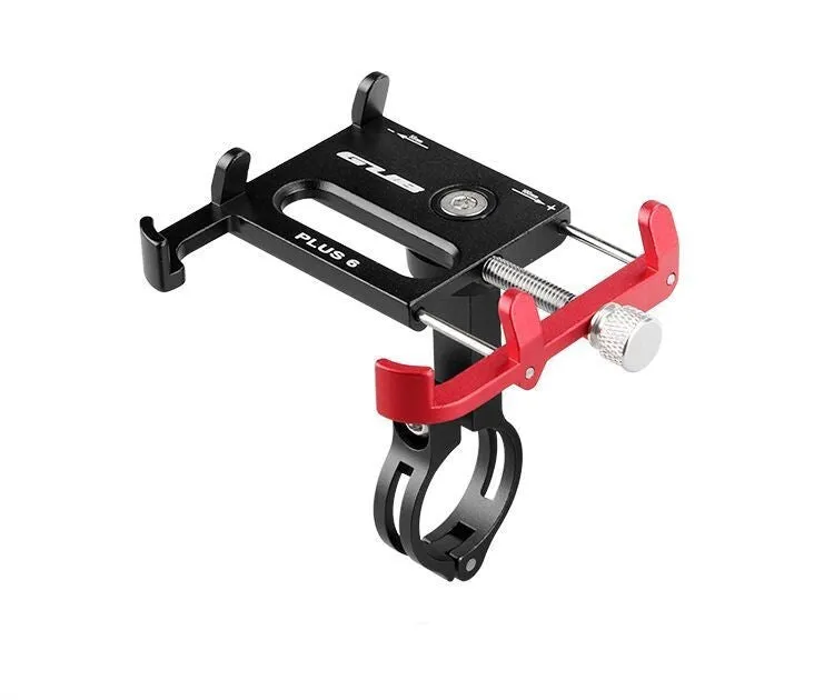 Black aluminium motorcycle phone holder mounted on handlebars, showing adjustable clamp and rotating joint.